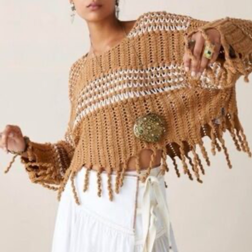 Zara Fringed Brown and White Sweater